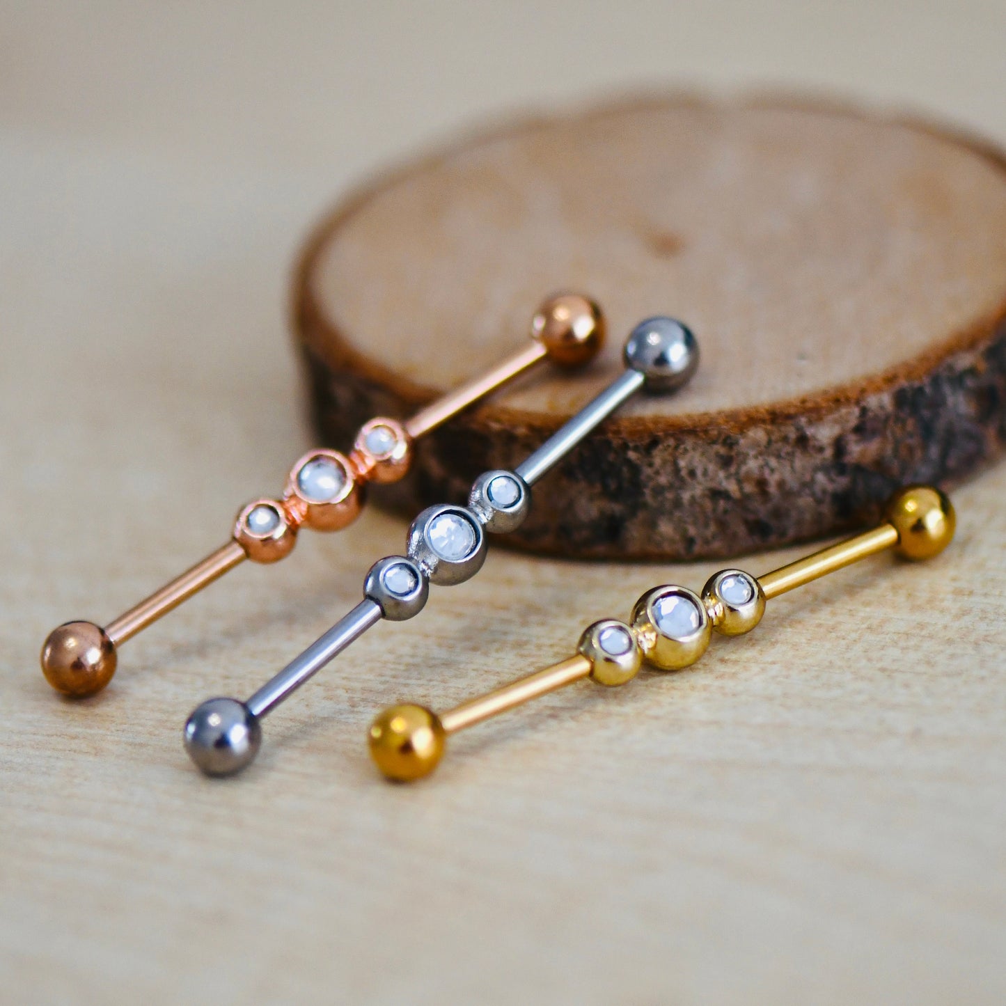 14G 316L Three CZ Industrial Barbell Long Barbell Ear Piercing