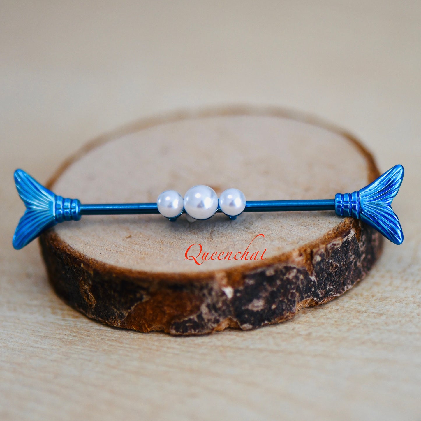 14G 316L Three Pearls With Mermaid Tails Blue Industrial Barbell Long Barbell Ear Piercing
