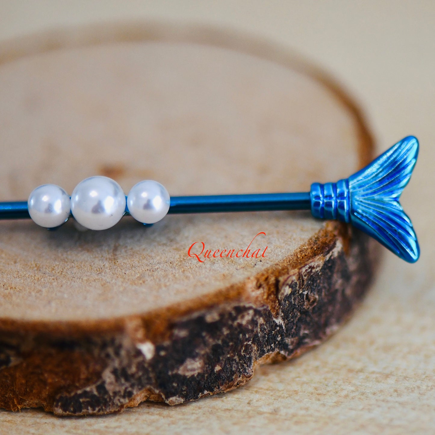 14G 316L Three Pearls With Mermaid Tails Blue Industrial Barbell Long Barbell Ear Piercing