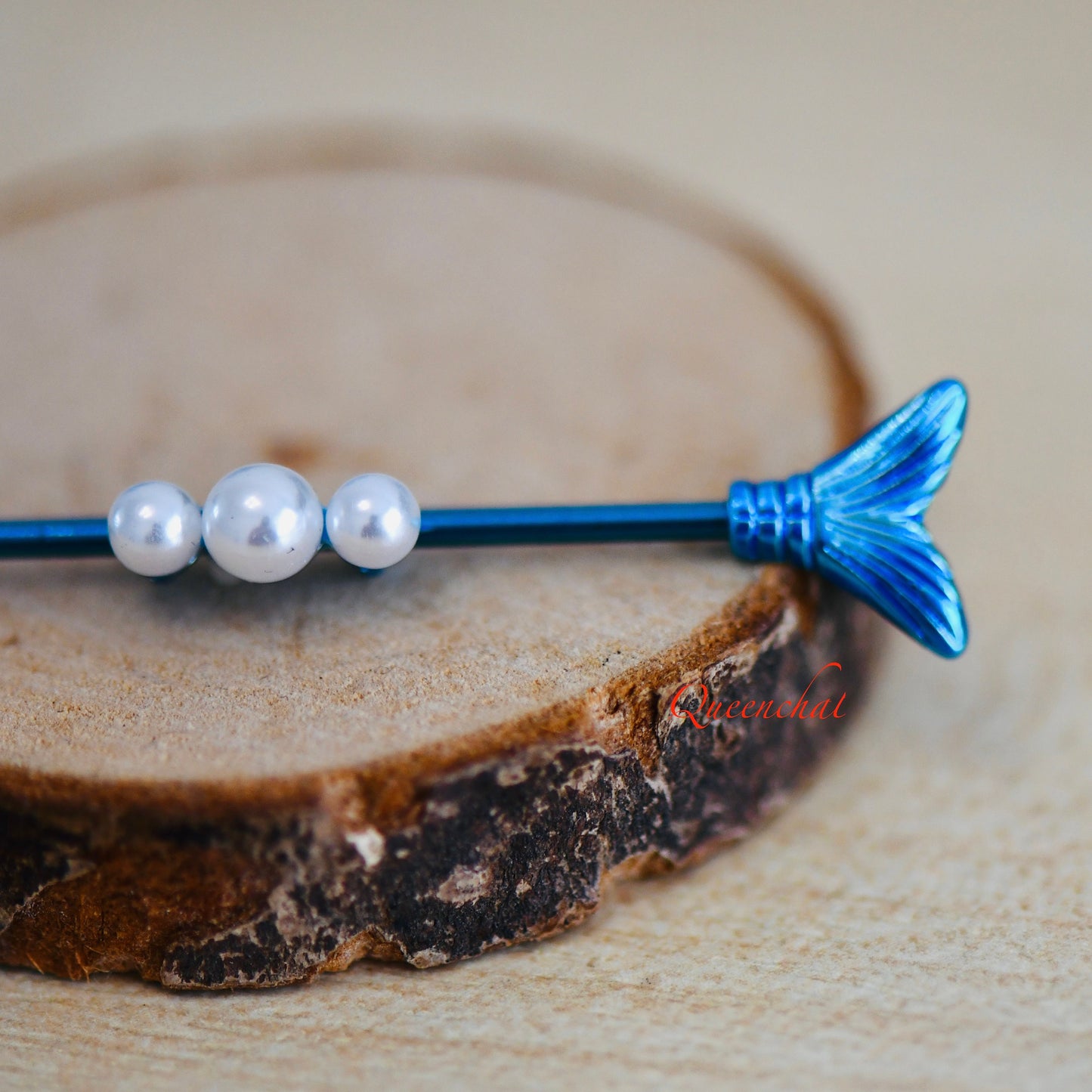 14G 316L Three Pearls With Mermaid Tails Blue Industrial Barbell Long Barbell Ear Piercing