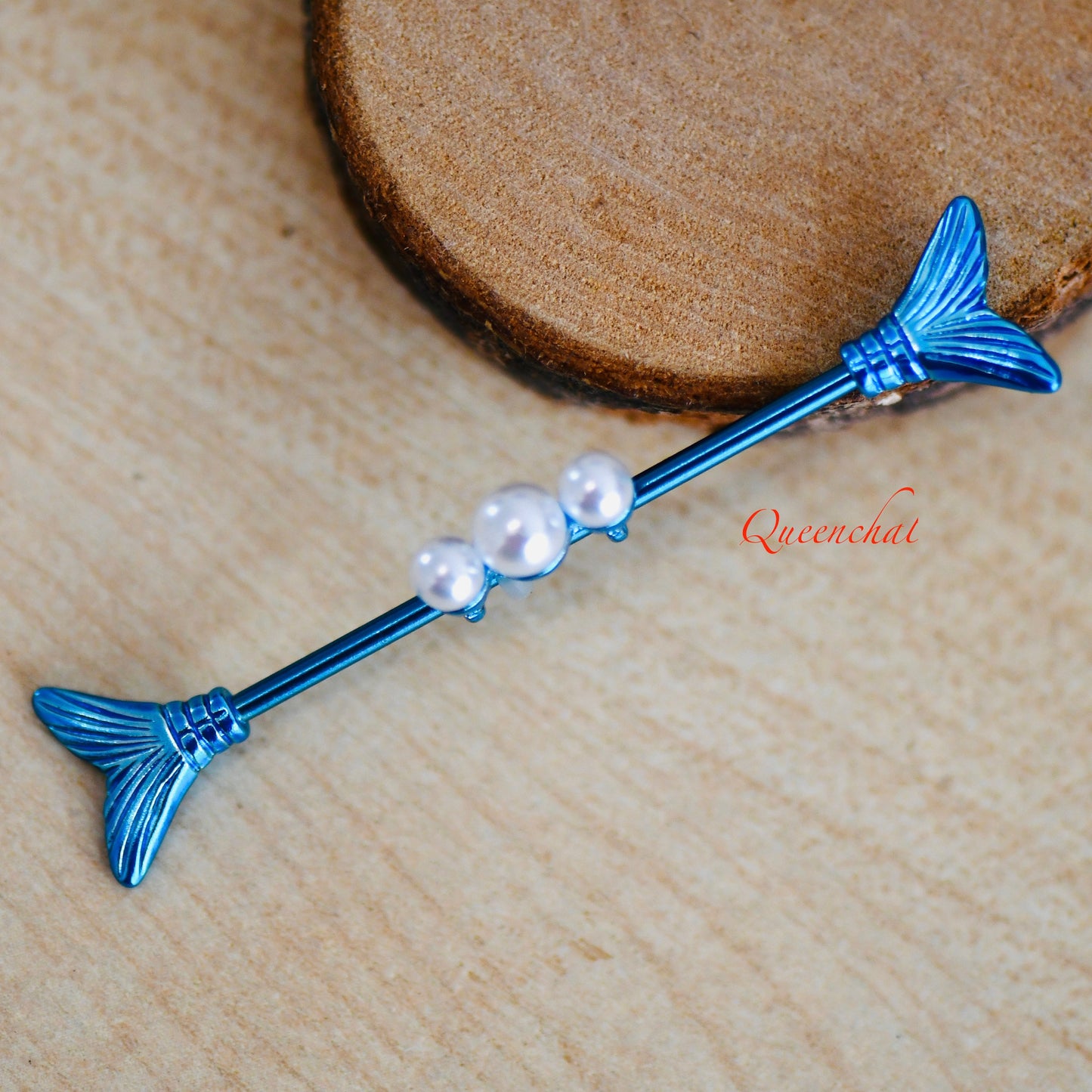 14G 316L Three Pearls With Mermaid Tails Blue Industrial Barbell Long Barbell Ear Piercing