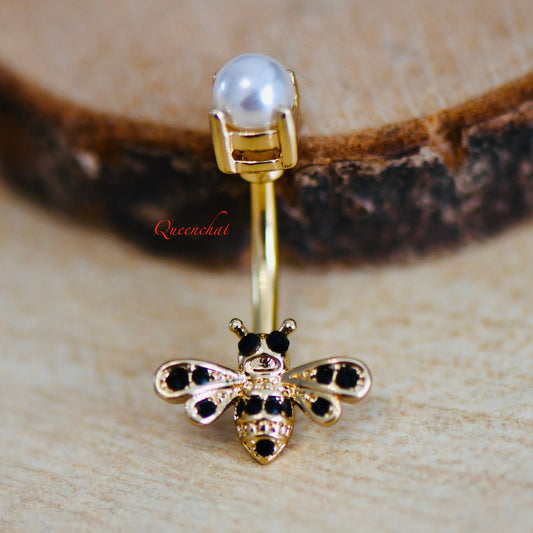 14G 316L Surgical Steel Golden & Black Bee With Pearl Belly Bar Navel Ring Navel Piercing Jewellery