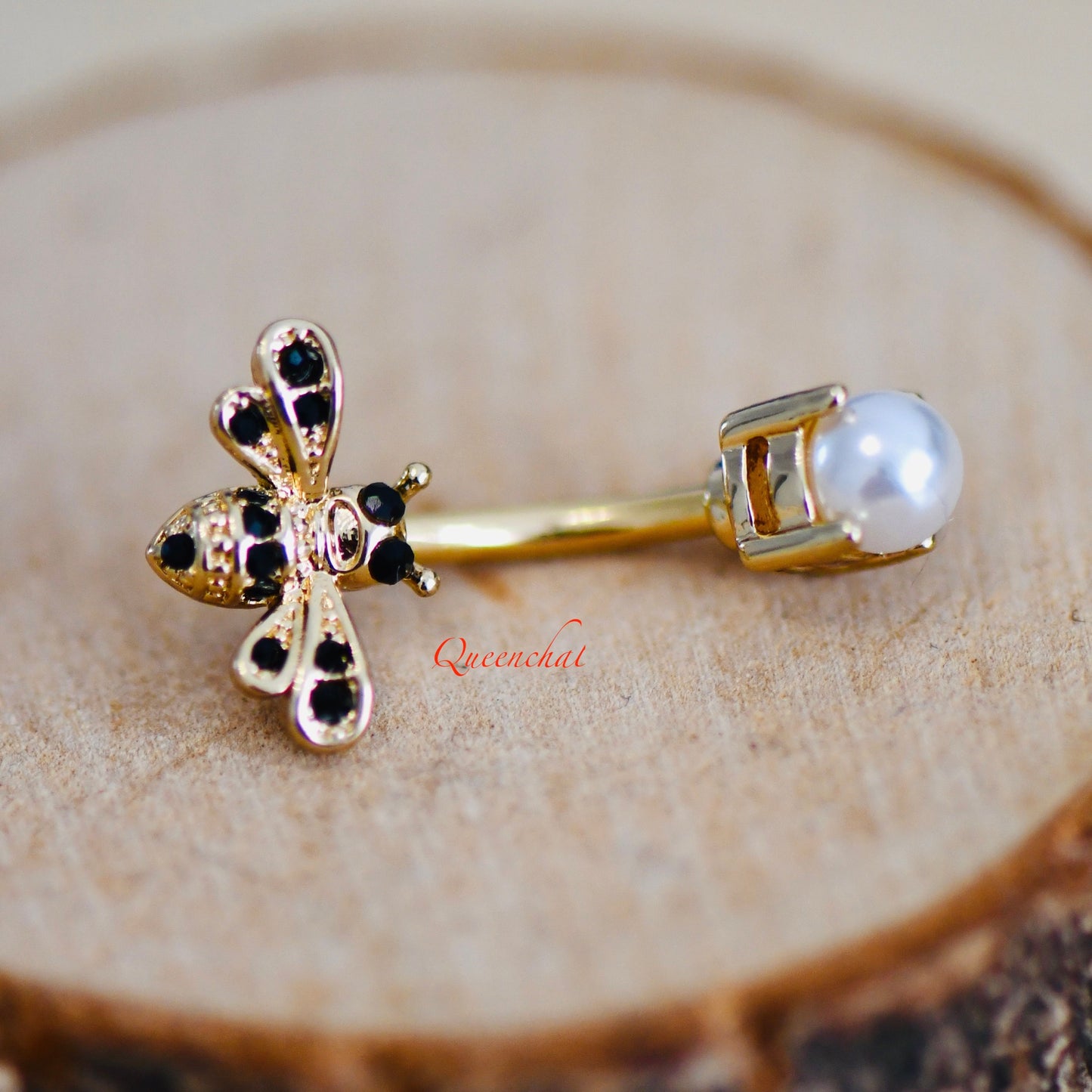 14G 316L Surgical Steel Golden & Black Bee With Pearl Belly Bar Navel Ring Navel Piercing Jewellery