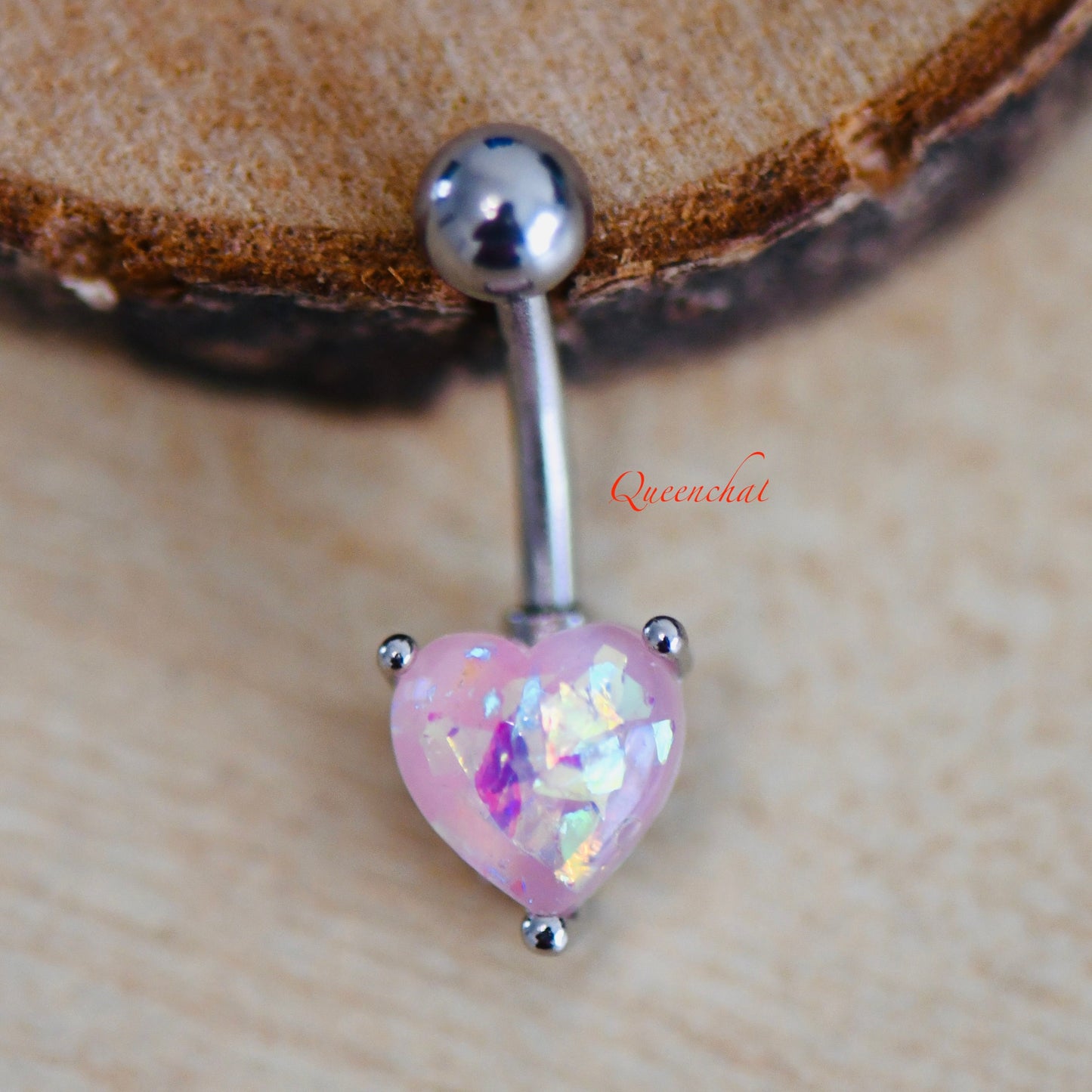 316L Surgical Steel 14G Pink Opal Belly Bar, Navel Ring Belly Piercing Jewellery