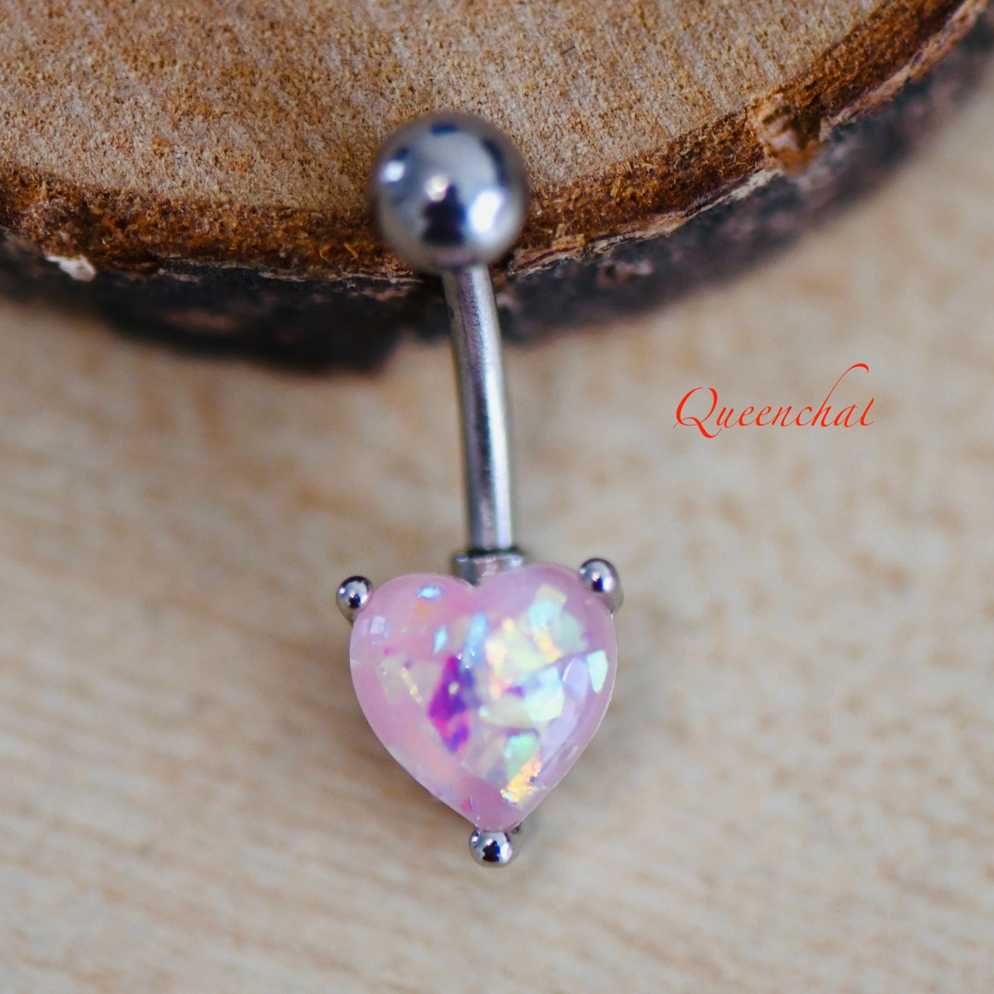 316L Surgical Steel 14G Pink Opal Belly Bar, Navel Ring Belly Piercing Jewellery