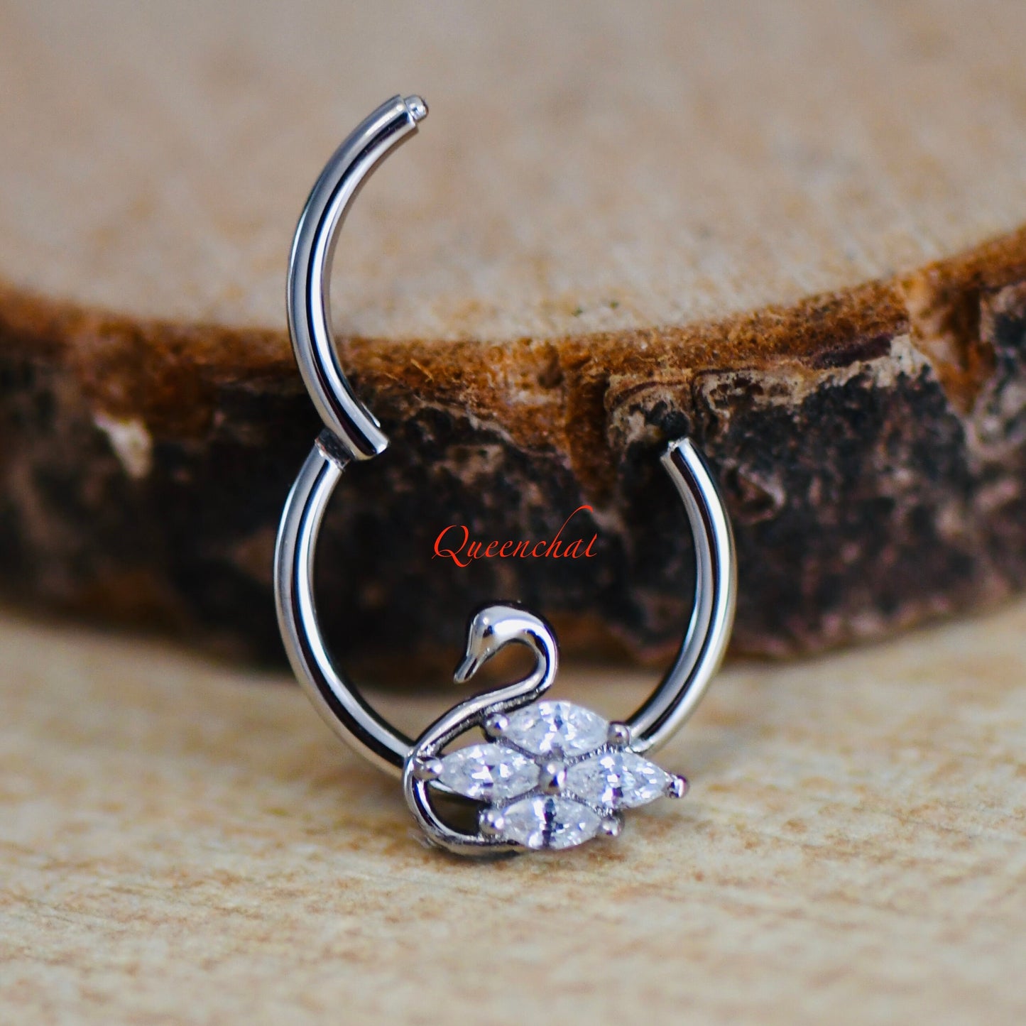 16G Silver Swan With CZ Hinged Septum Clicker Daith Rook Ear Ring 8mm or 10mm