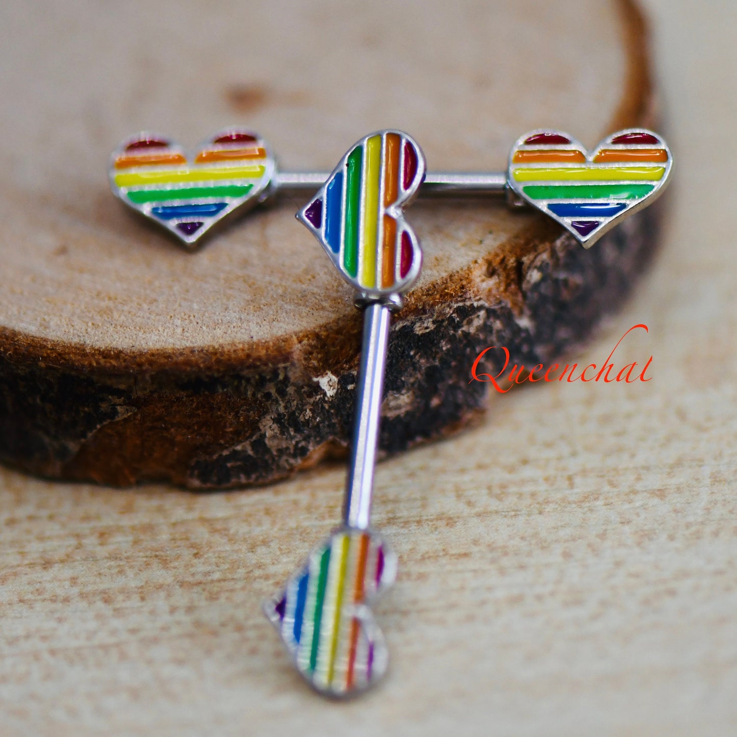 316L Surgical Steel 14G Rainbow Hearts Nipple Bars