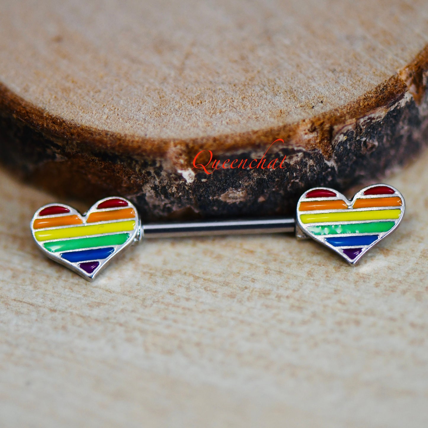 316L Surgical Steel 14G Rainbow Hearts Nipple Bars
