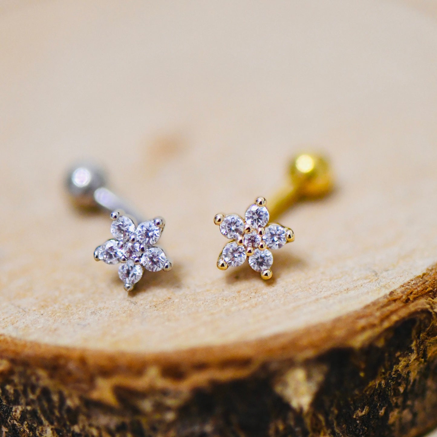 316L Surgical Steel Curved Floral Gold, Silver Eyebrow Barbell, Daith, Tragus, Rook Piercing Bar