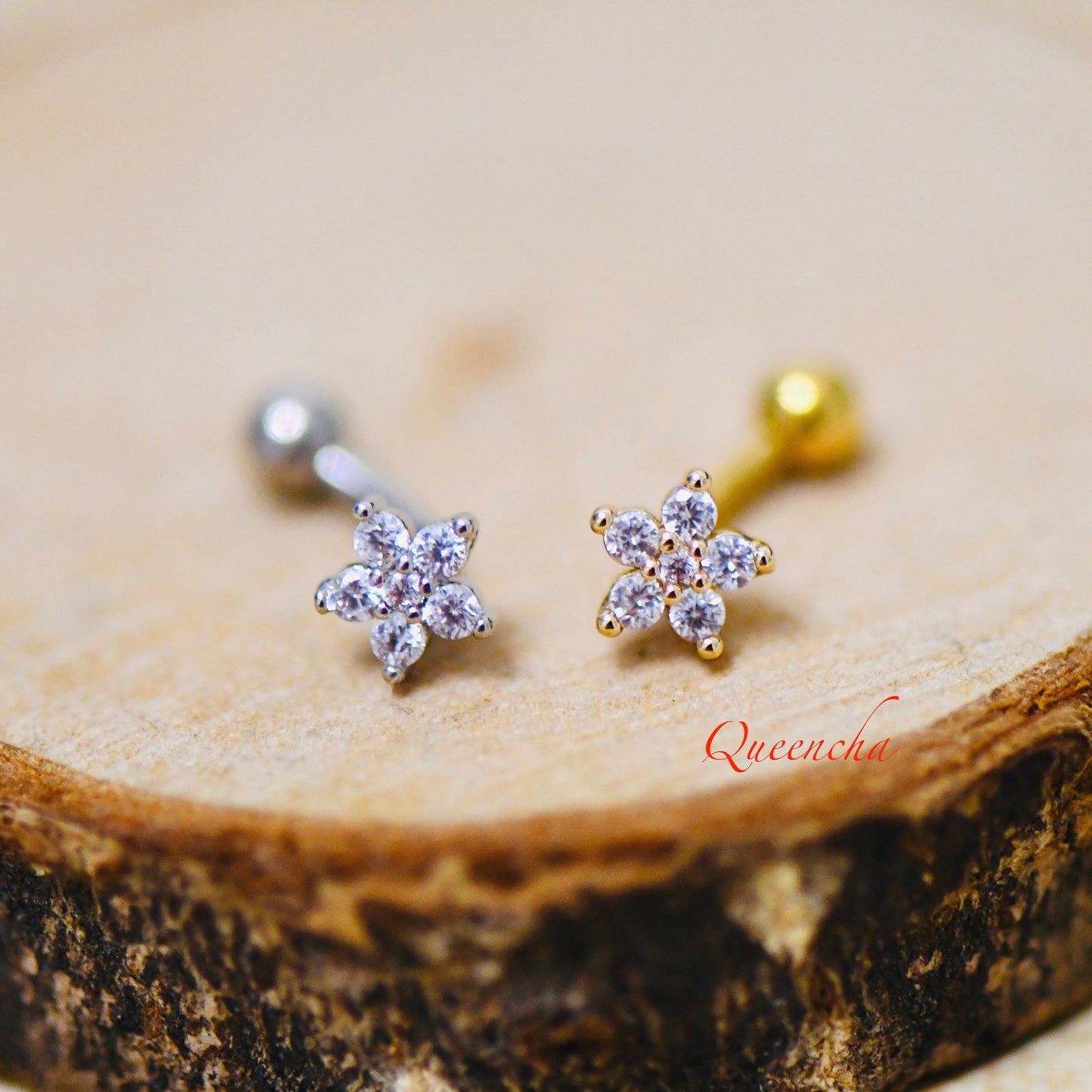 316L Surgical Steel Curved Floral Gold, Silver Eyebrow Barbell, Daith, Tragus, Rook Piercing Bar