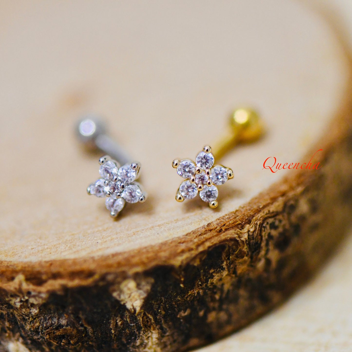 316L Surgical Steel Curved Floral Gold, Silver Eyebrow Barbell, Daith, Tragus, Rook Piercing Bar