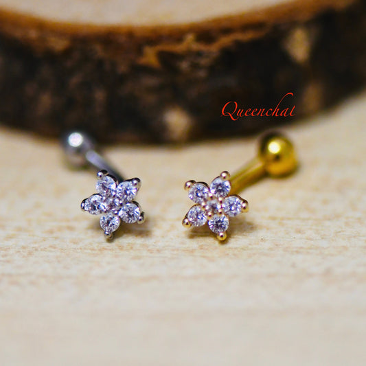 316L Surgical Steel Curved Floral Gold, Silver Eyebrow Barbell, Daith, Tragus, Rook Piercing Bar