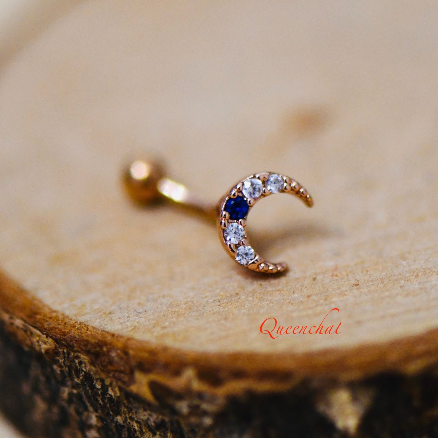 316L Surgical Steel Curved Moon With Saphire Rose Gold Eyebrow Barbell, Daith, Tragus, Rook Piercing Bar