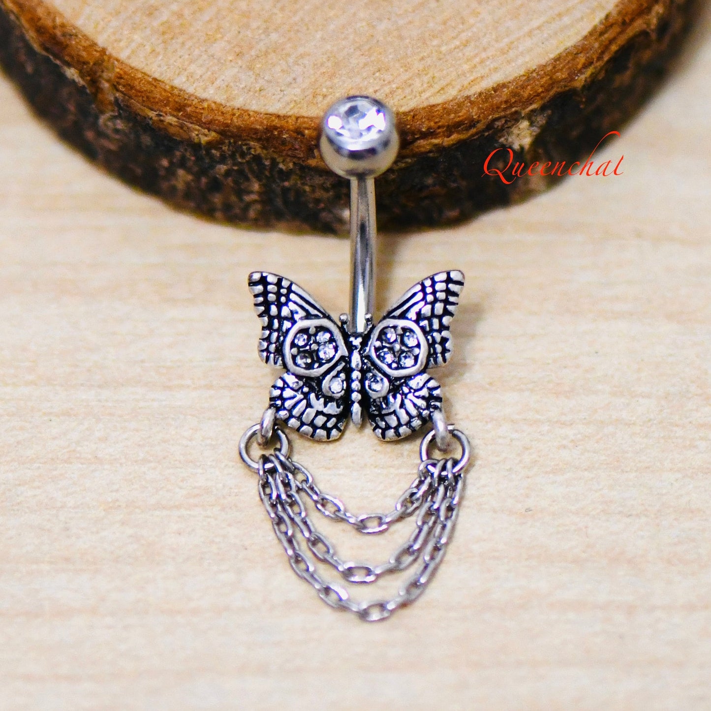 316L Surgical Steel 14G CZ Butterfly With Chain Belly Bar, Navel Ring