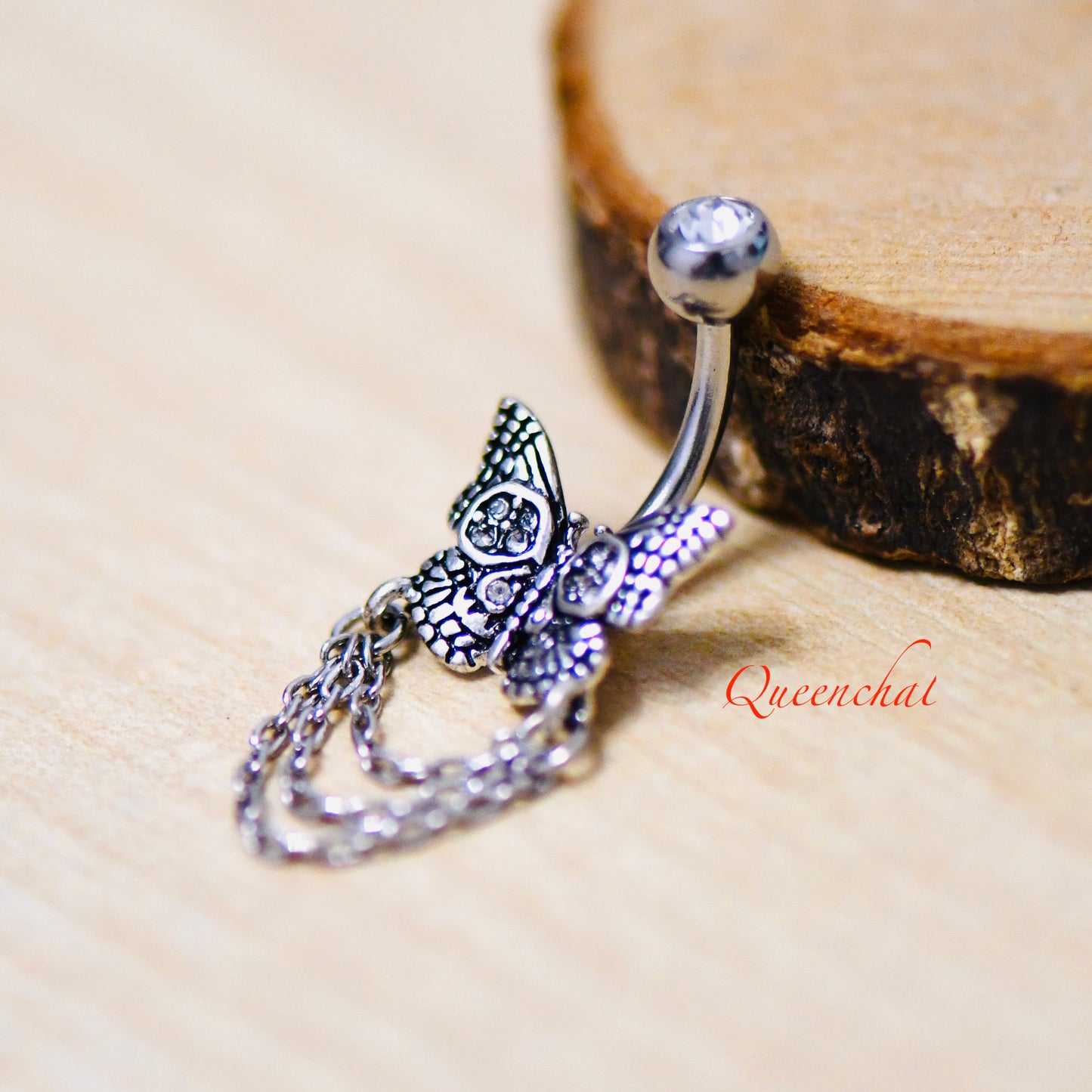 316L Surgical Steel 14G CZ Butterfly With Chain Belly Bar, Navel Ring