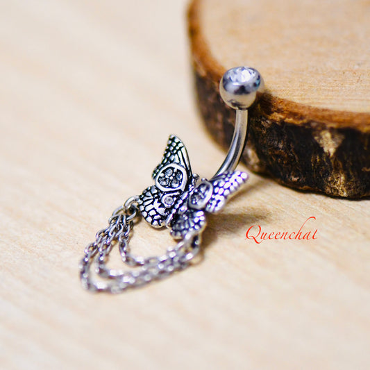 316L Surgical Steel 14G CZ Butterfly With Chain Belly Bar, Navel Ring