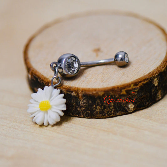 316L Surgical Steel 14G Dangling Daisy Flower Belly Bar, Navel Ring Belly Piercing Jewellery Navel Ring