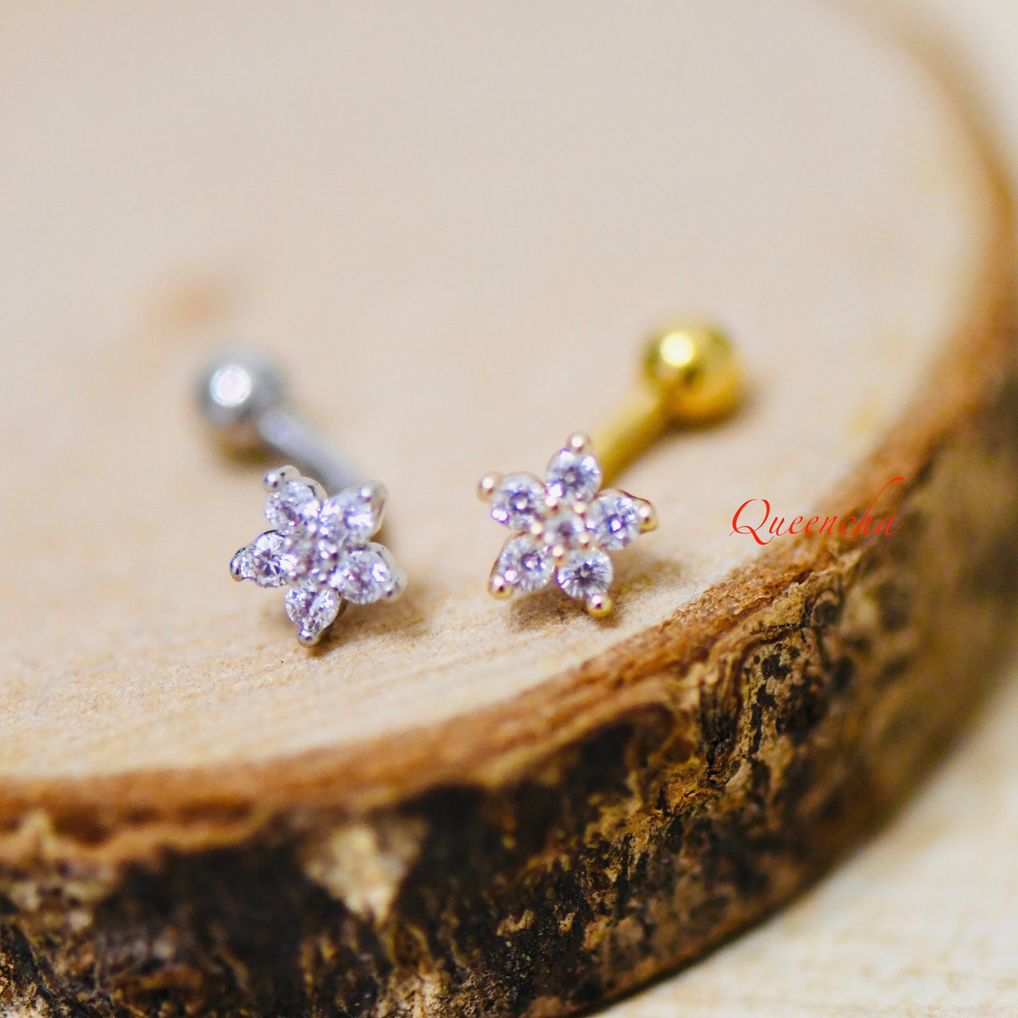 316L Surgical Steel Curved Floral Gold, Silver Eyebrow Barbell, Daith, Tragus, Rook Piercing Bar