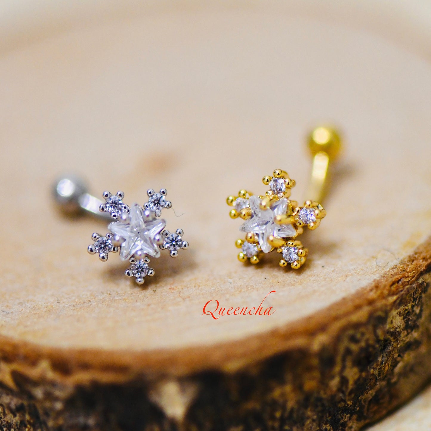 316L Surgical Steel Curved Crystal Flower Gold, Silver Eyebrow Barbell, Daith, Tragus, Rook Piercing Bar