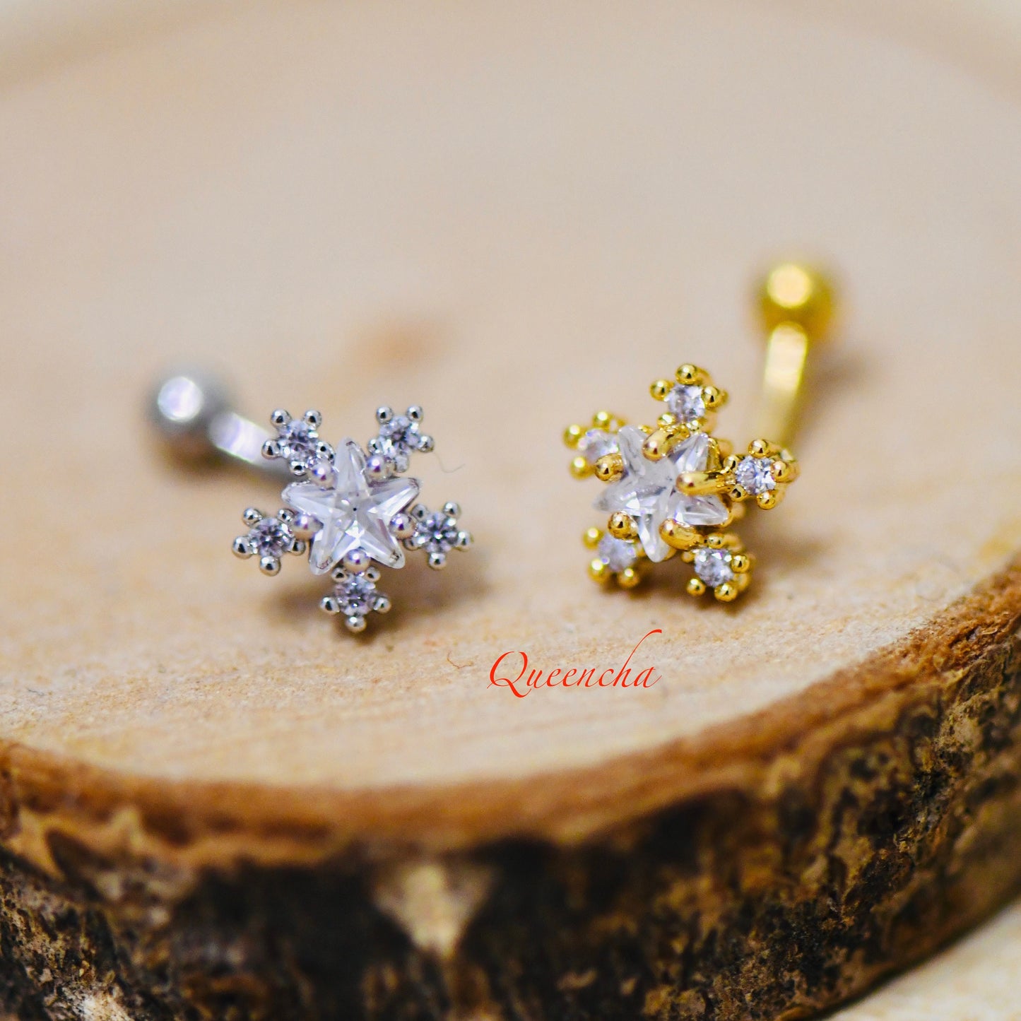 316L Surgical Steel Curved Crystal Flower Gold, Silver Eyebrow Barbell, Daith, Tragus, Rook Piercing Bar