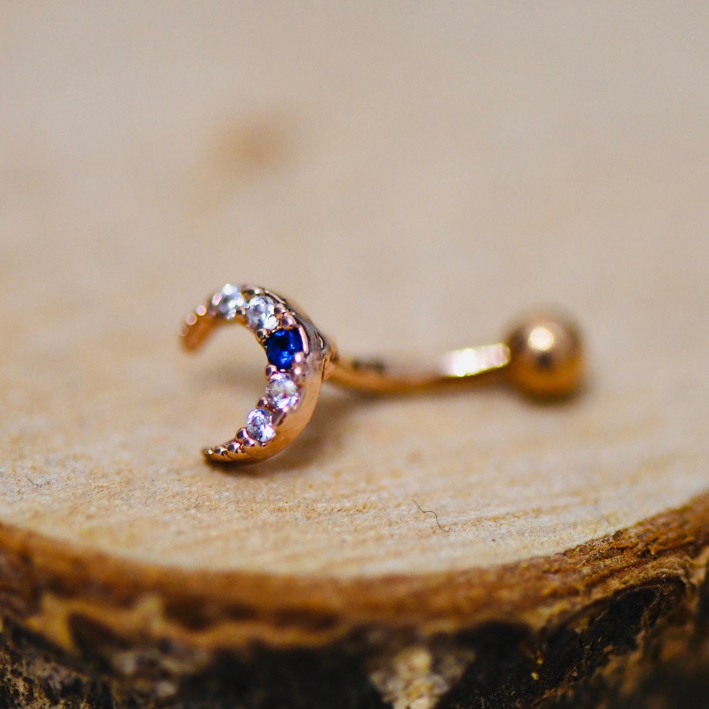 316L Surgical Steel Curved Moon With Saphire Rose Gold Eyebrow Barbell, Daith, Tragus, Rook Piercing Bar