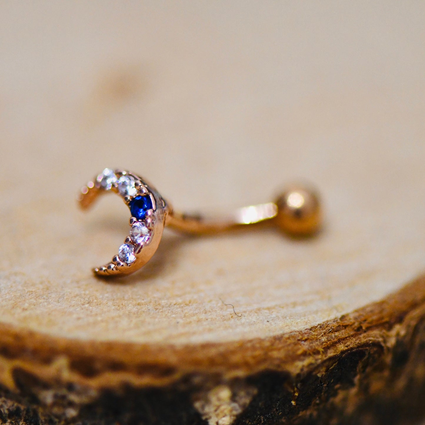 316L Surgical Steel Curved Moon With Saphire Rose Gold Eyebrow Barbell, Daith, Tragus, Rook Piercing Bar