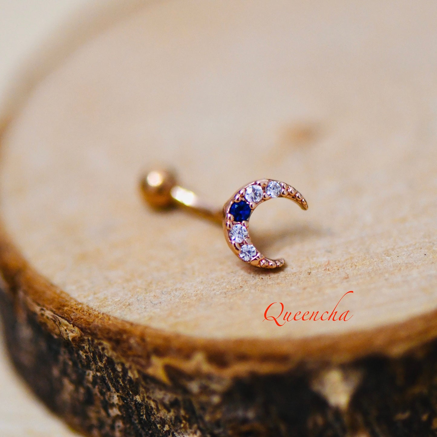 316L Surgical Steel Curved Moon With Saphire Rose Gold Eyebrow Barbell, Daith, Tragus, Rook Piercing Bar