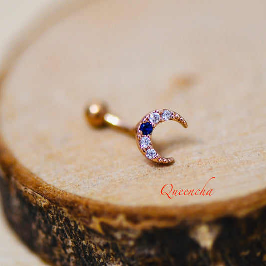 316L Surgical Steel Curved Moon With Saphire Rose Gold Eyebrow Barbell, Daith, Tragus, Rook Piercing Bar