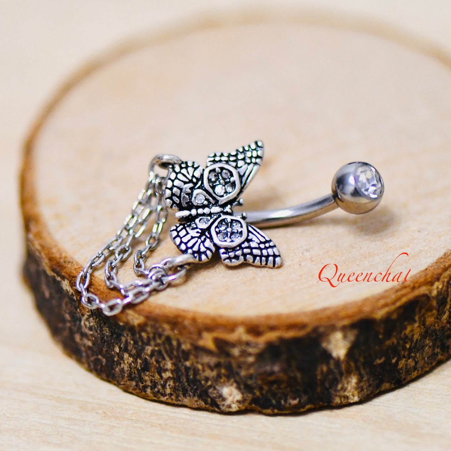 316L Surgical Steel 14G CZ Butterfly With Chain Belly Bar, Navel Ring
