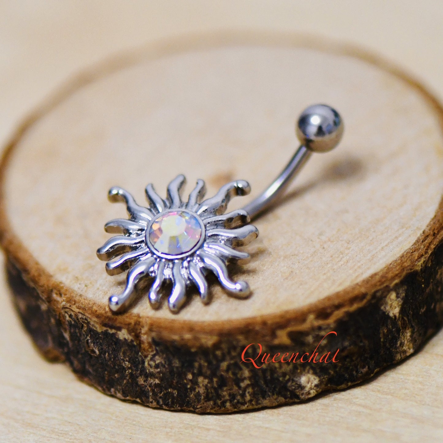316L Surgical Steel 14G Shining Sun Belly Bar With Aurora borelias CZ Navel Ring Belly Piercing Jewellery Bell Button Ring