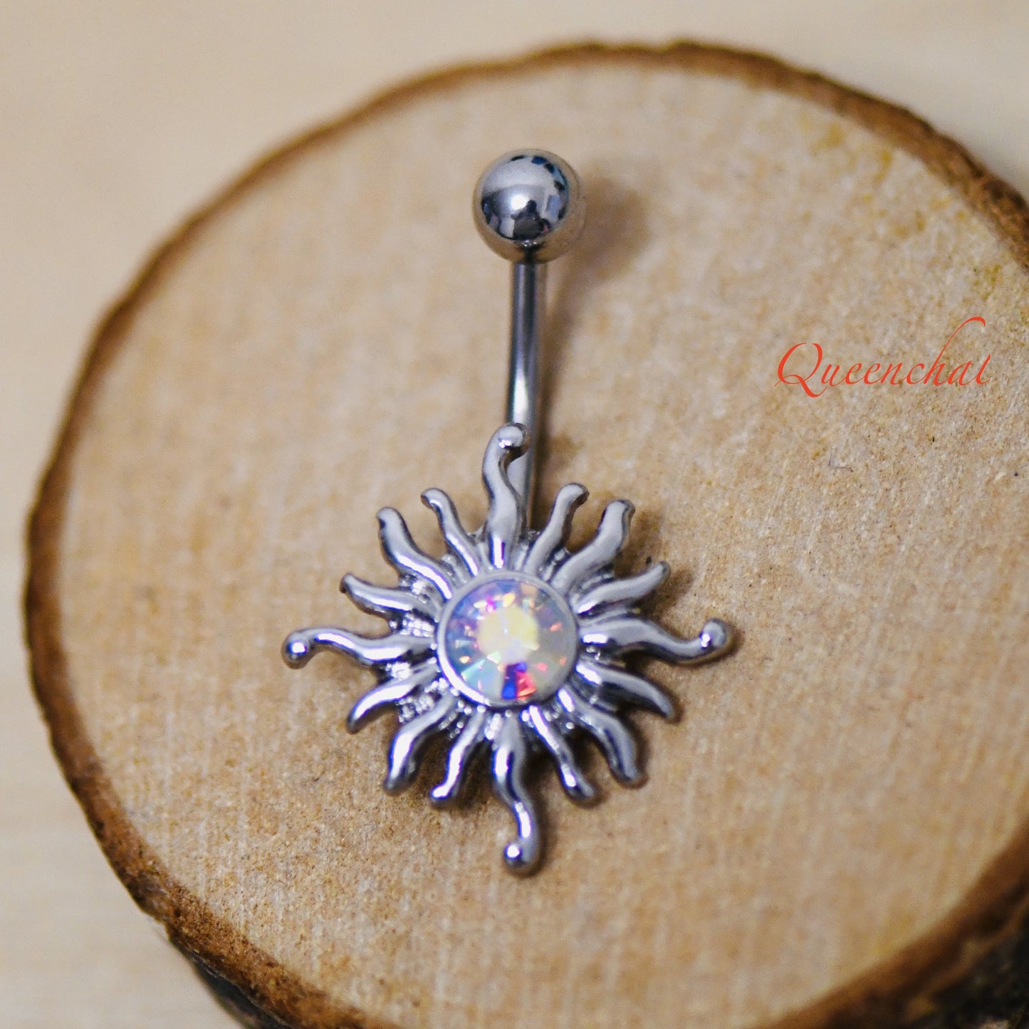 316L Surgical Steel 14G Shining Sun Belly Bar With Aurora borelias CZ Navel Ring Belly Piercing Jewellery Bell Button Ring