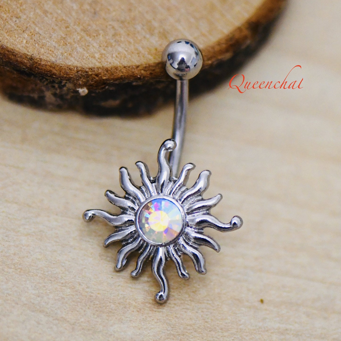 316L Surgical Steel 14G Shining Sun Belly Bar With Aurora borelias CZ Navel Ring Belly Piercing Jewellery Bell Button Ring