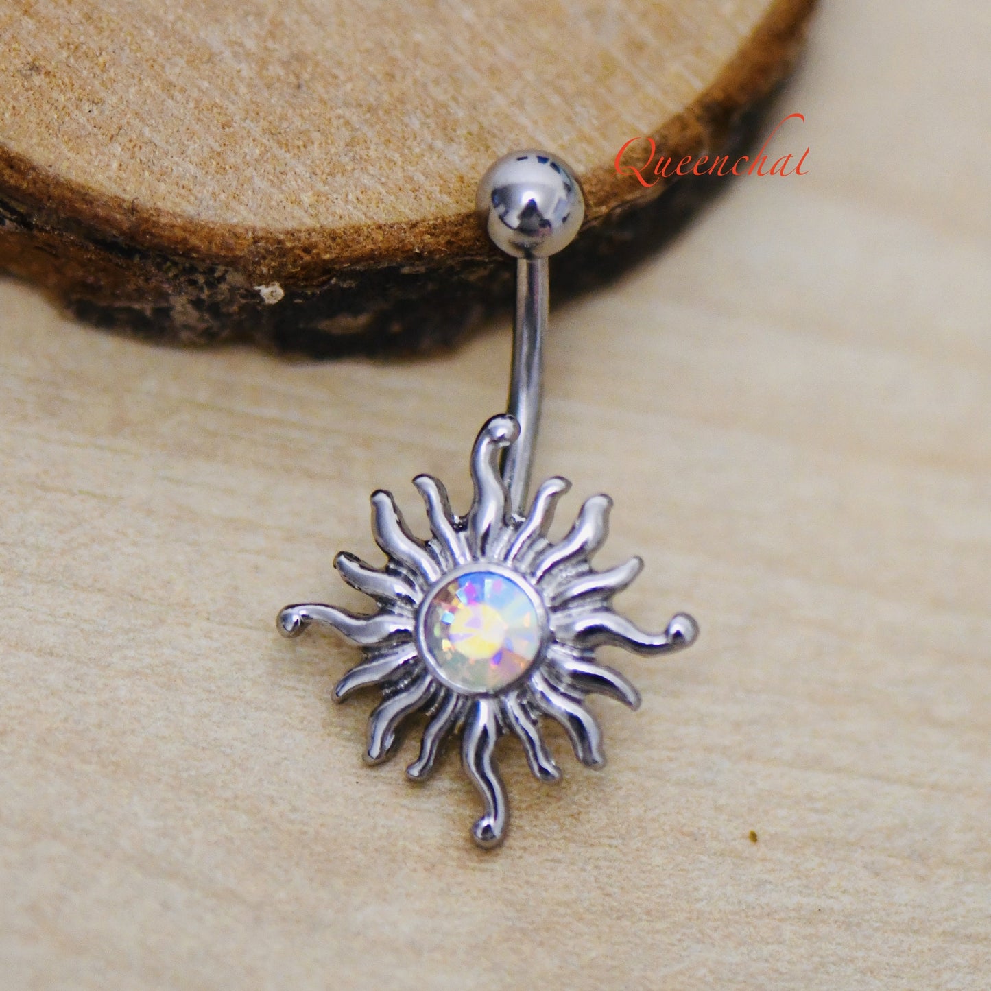 316L Surgical Steel 14G Shining Sun Belly Bar With Aurora borelias CZ Navel Ring Belly Piercing Jewellery Bell Button Ring