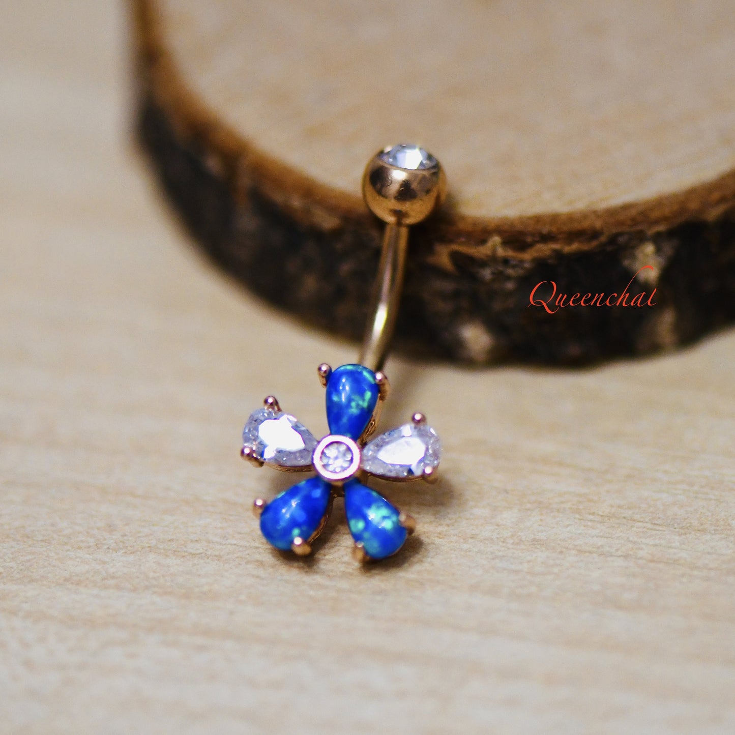 316L Surgical Steel 14G Blue Opal & CZ Flower Belly Silver Belly Bar, Navel Ring Belly Piercing Jewellery
