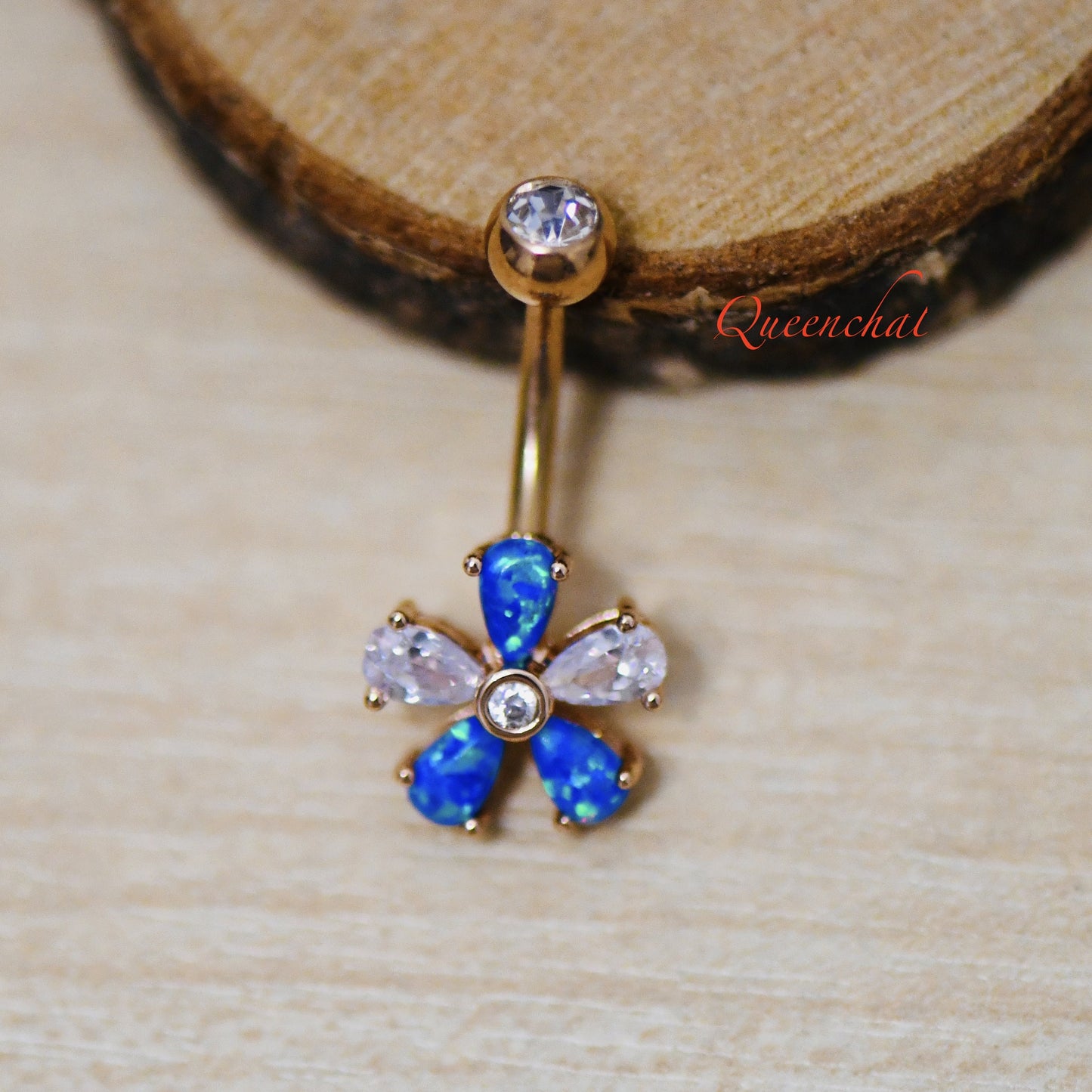 316L Surgical Steel 14G Blue Opal & CZ Flower Belly Silver Belly Bar, Navel Ring Belly Piercing Jewellery