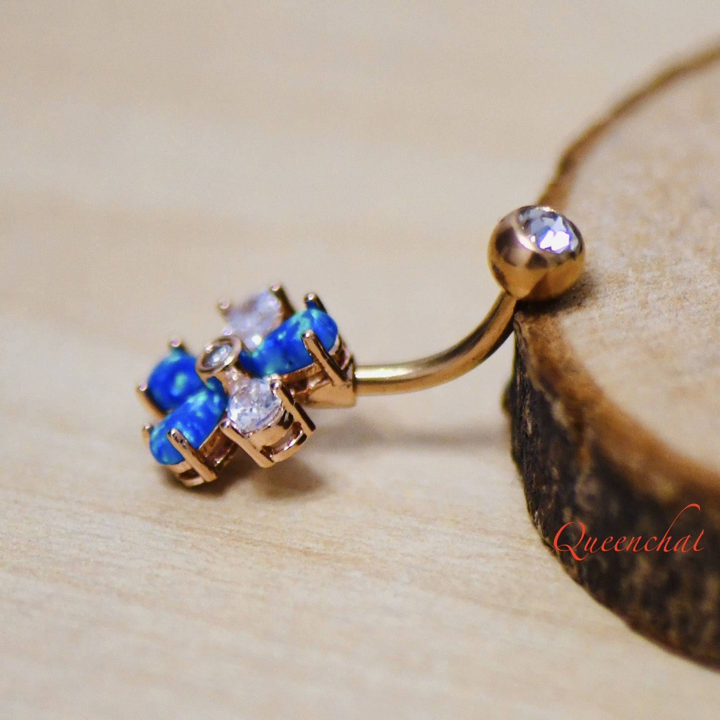 316L Surgical Steel 14G Blue Opal & CZ Flower Belly Silver Belly Bar, Navel Ring Belly Piercing Jewellery