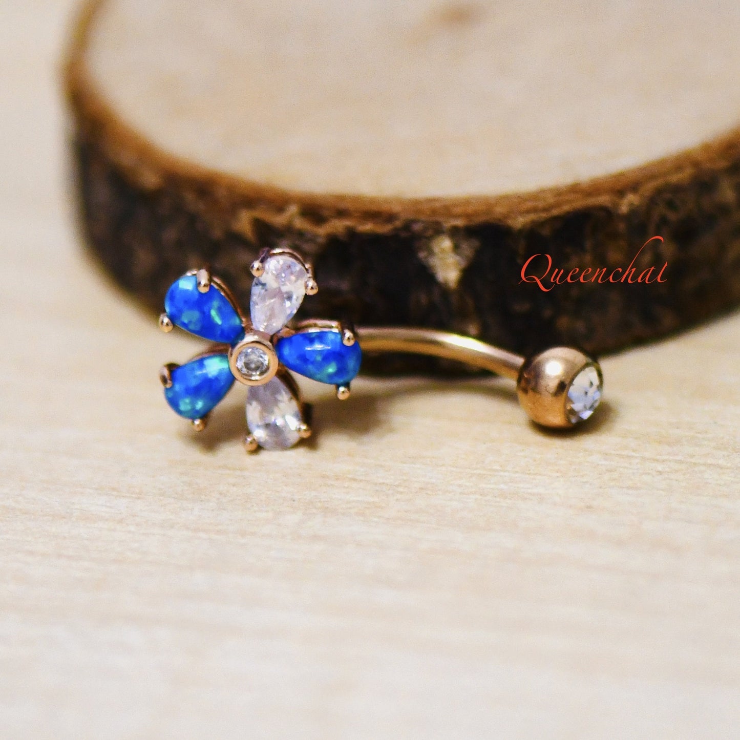 316L Surgical Steel 14G Blue Opal & CZ Flower Belly Silver Belly Bar, Navel Ring Belly Piercing Jewellery