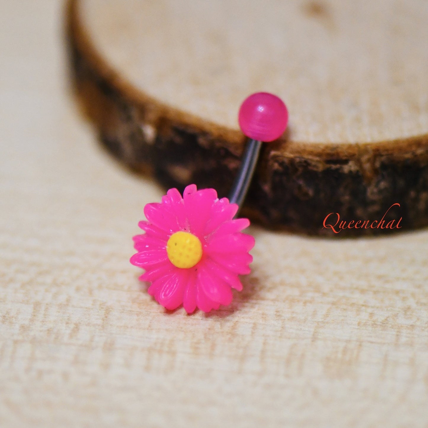 316L Surgical Steel 14G Pink Acrylic Flower Belly Bar