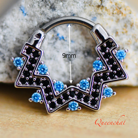 16G Aquamarine & Black CZ Zig Zag Design Septum Ring Ring Daith Septum Ring Hinged Clicker