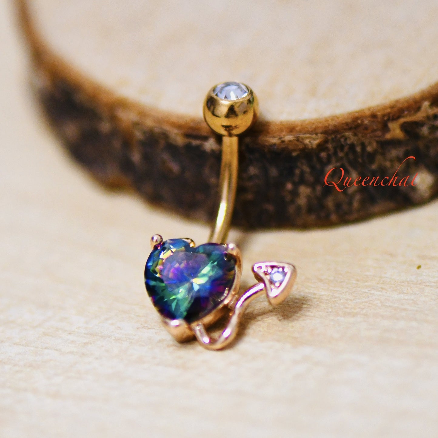 316L Surgical Steel 14G Rose Gold Belly Bar With Vitrail Medium CZ Navel Ring Belly Piercing Jewellery Devil Tail Bell Button Ring
