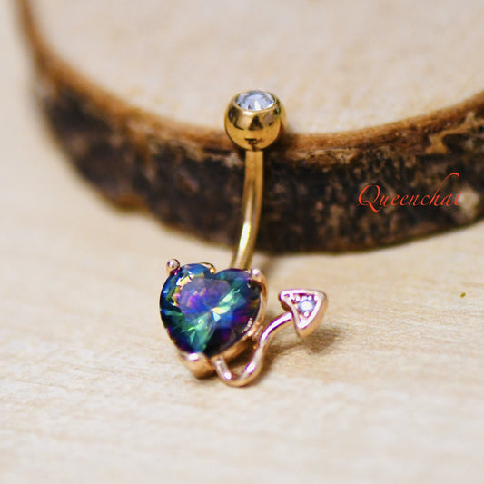 316L Surgical Steel 14G Rose Gold Belly Bar With Vitrail Medium CZ Navel Ring Belly Piercing Jewellery Devil Tail Bell Button Ring