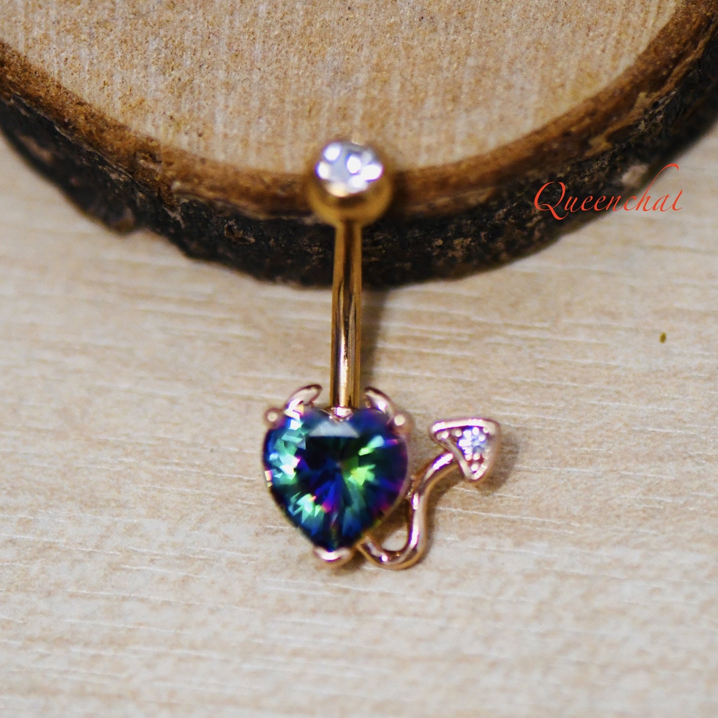 316L Surgical Steel 14G Rose Gold Belly Bar With Vitrail Medium CZ Navel Ring Belly Piercing Jewellery Devil Tail Bell Button Ring