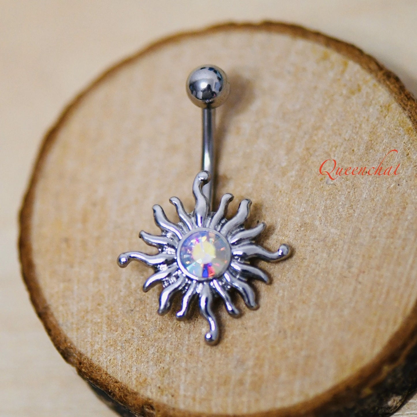 316L Surgical Steel 14G Shining Sun Belly Bar With Aurora borelias CZ Navel Ring Belly Piercing Jewellery Bell Button Ring