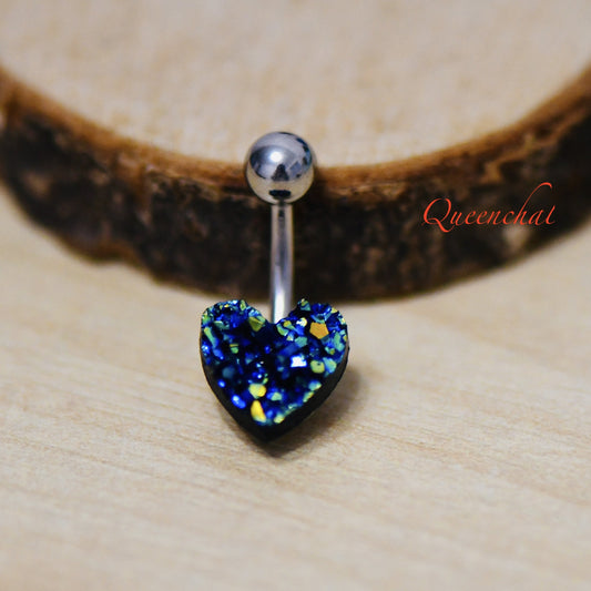 316L Surgical Steel 14G Blue Glittered Heart Navel Ring Belly Piercing Jewellery Belly Button Ring