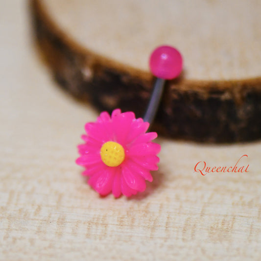 316L Surgical Steel 14G Pink Acrylic Flower Belly Bar