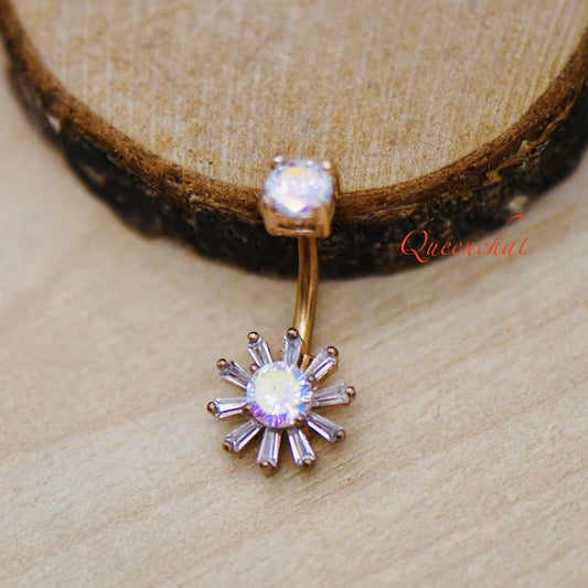 316L Surgical Steel 14G Aurora Borealis Flower Belly Bar, Navel Ring Belly Piercing Jewellery