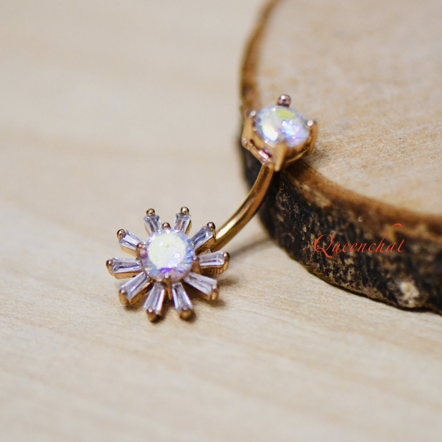 316L Surgical Steel 14G Aurora Borealis Flower Belly Bar, Navel Ring Belly Piercing Jewellery