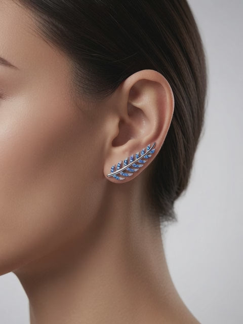 S925 Sterling Silver Feather Ear Climber Earrings with Blue CZ